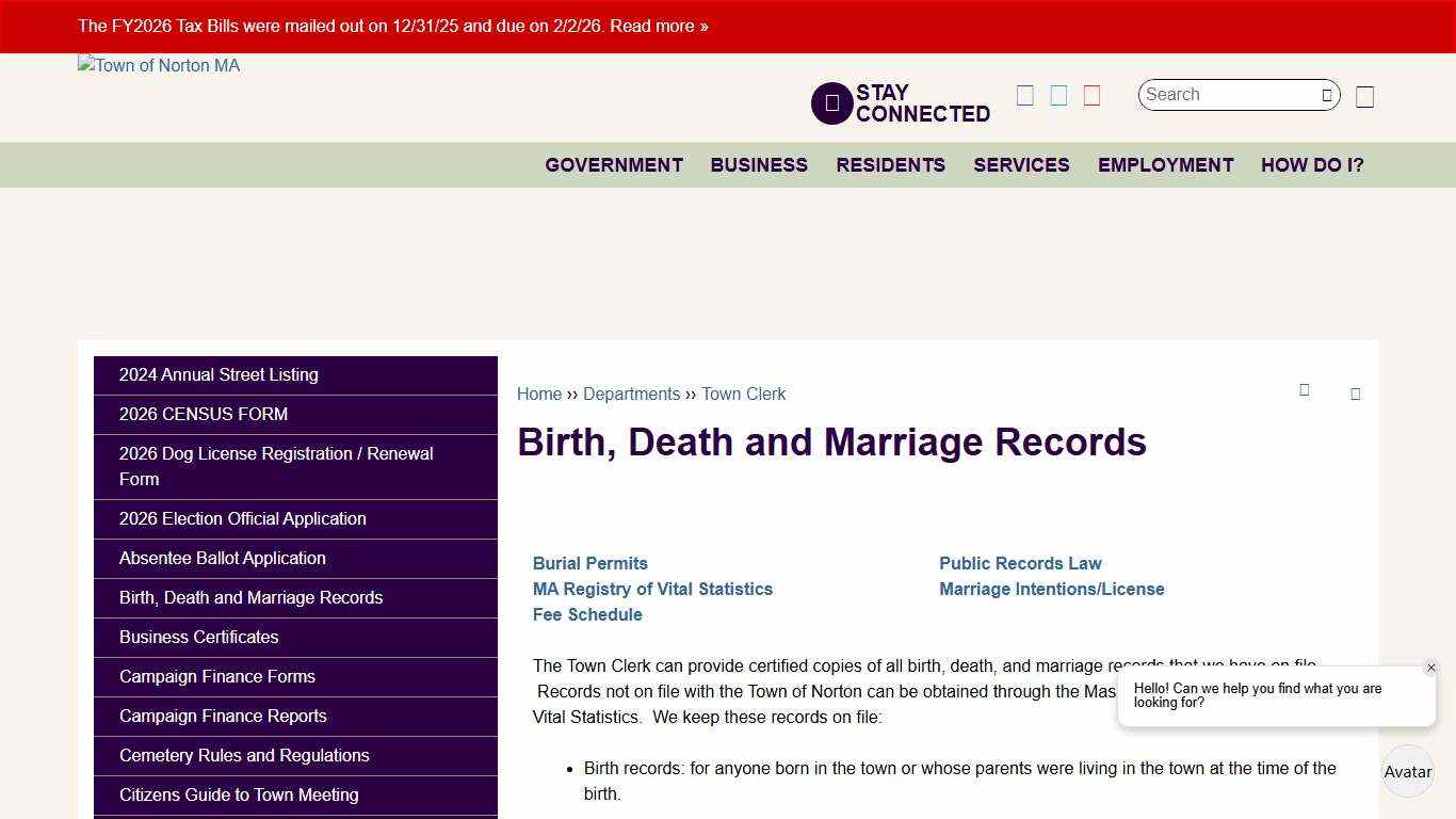 Birth, Death and Marriage Records Town of Norton MA